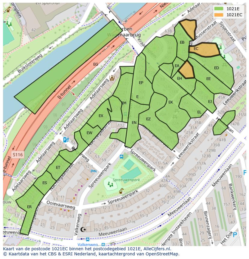 Afbeelding van het postcodegebied 1021 EC op de kaart.
