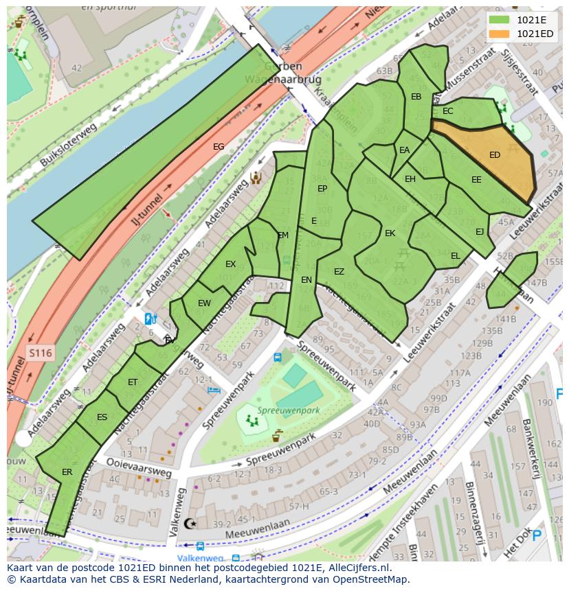 Afbeelding van het postcodegebied 1021 ED op de kaart.