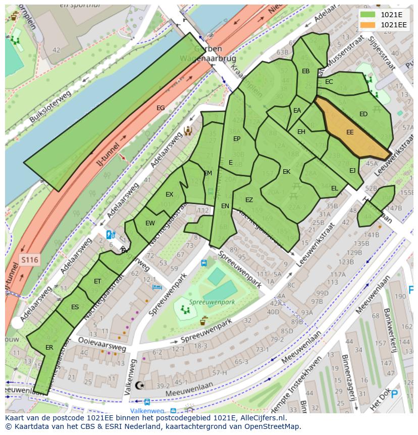 Afbeelding van het postcodegebied 1021 EE op de kaart.