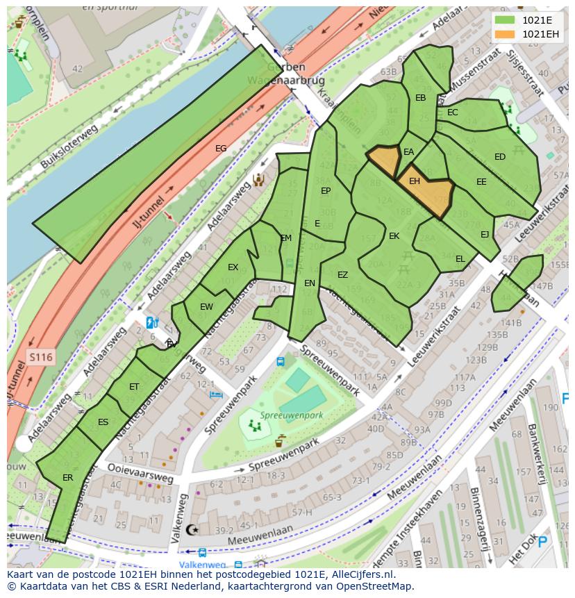 Afbeelding van het postcodegebied 1021 EH op de kaart.