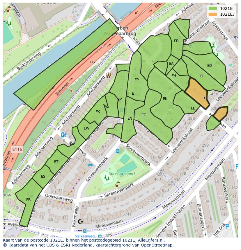 Afbeelding van het postcodegebied 1021 EJ op de kaart.
