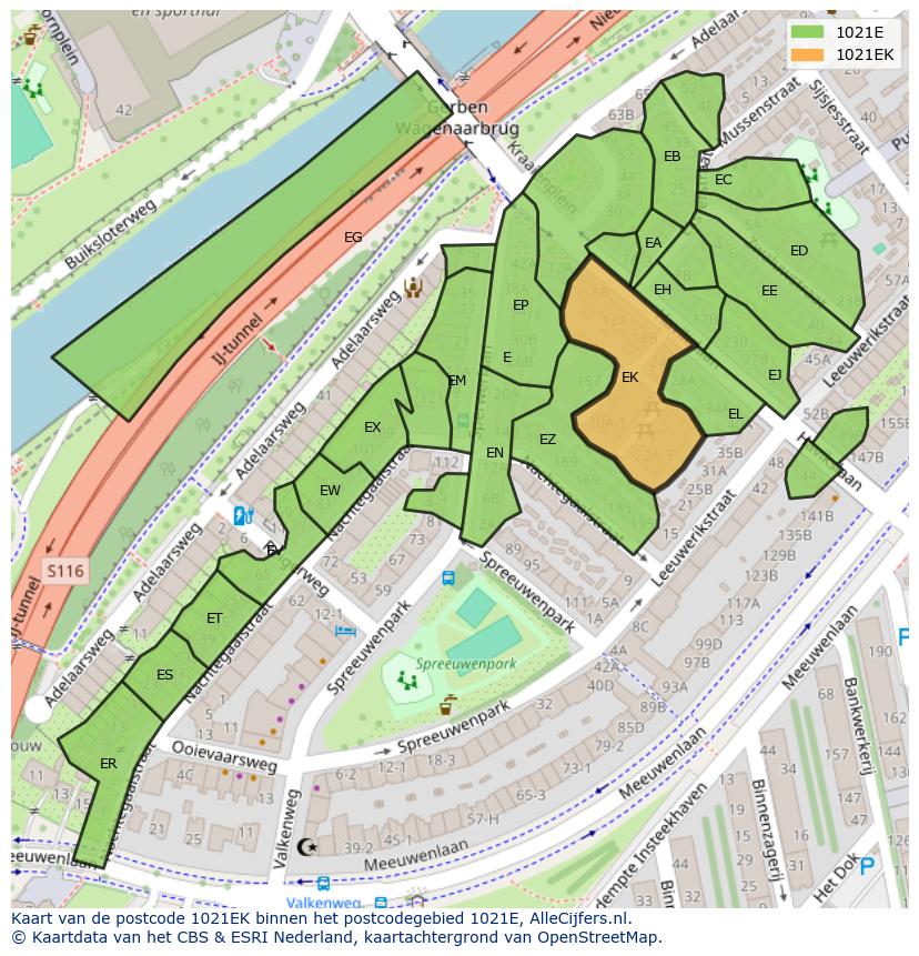 Afbeelding van het postcodegebied 1021 EK op de kaart.