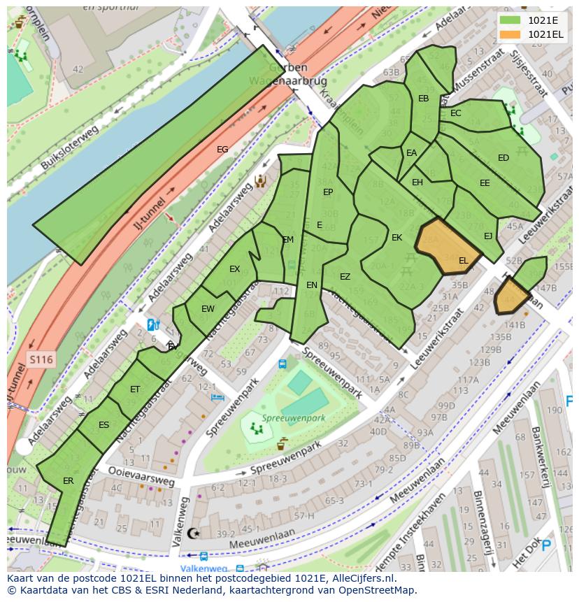 Afbeelding van het postcodegebied 1021 EL op de kaart.