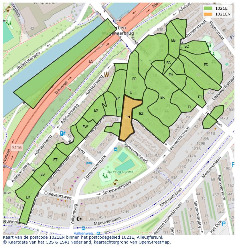 Afbeelding van het postcodegebied 1021 EN op de kaart.