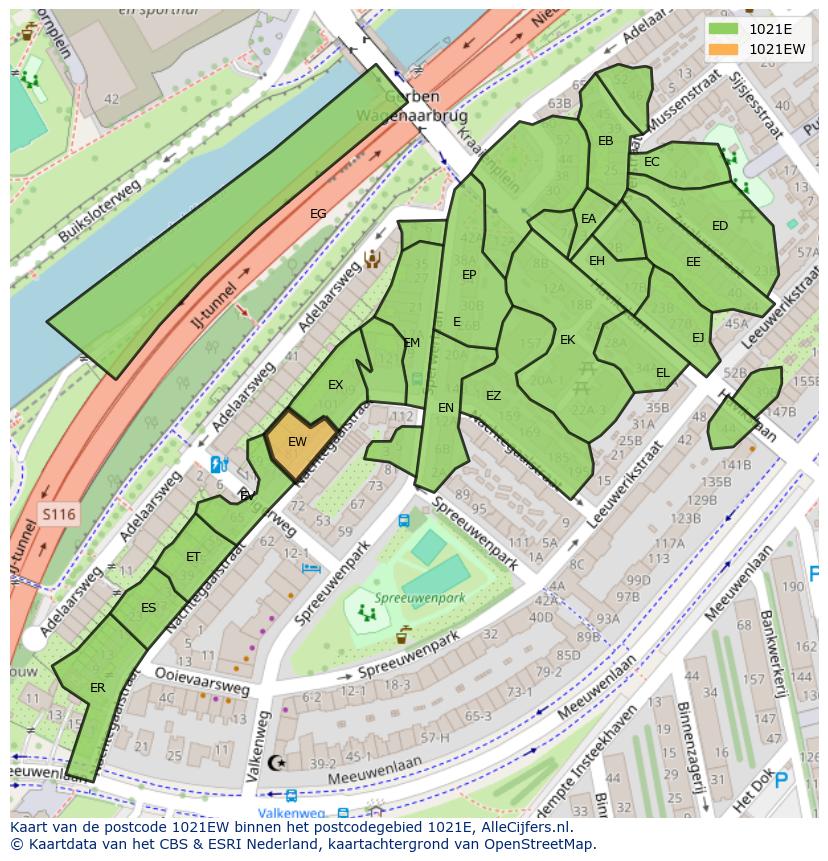 Afbeelding van het postcodegebied 1021 EW op de kaart.