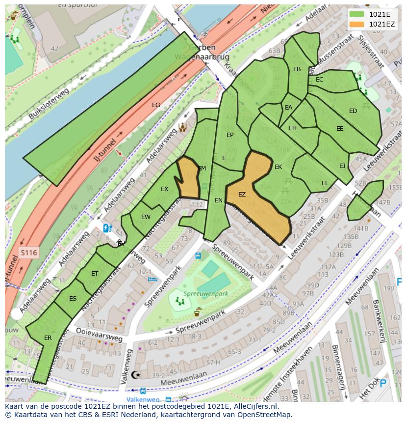 Afbeelding van het postcodegebied 1021 EZ op de kaart.