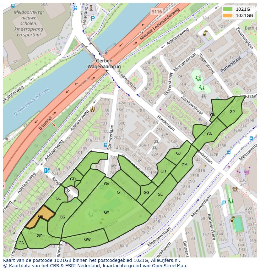 Afbeelding van het postcodegebied 1021 GB op de kaart.