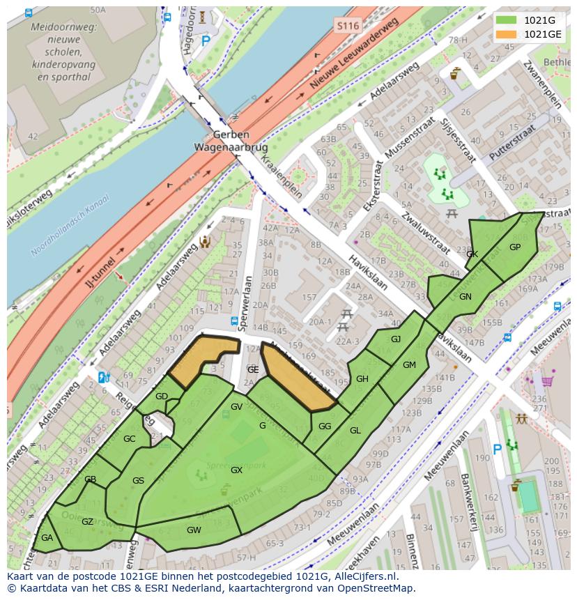 Afbeelding van het postcodegebied 1021 GE op de kaart.