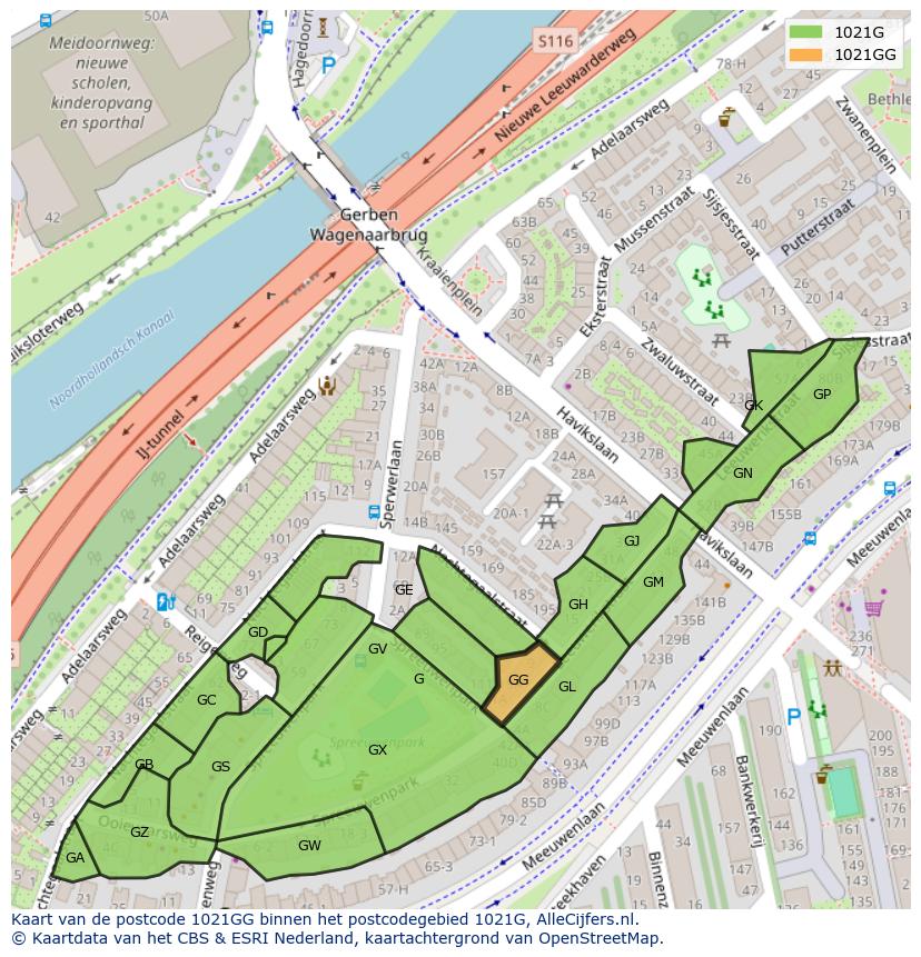 Afbeelding van het postcodegebied 1021 GG op de kaart.