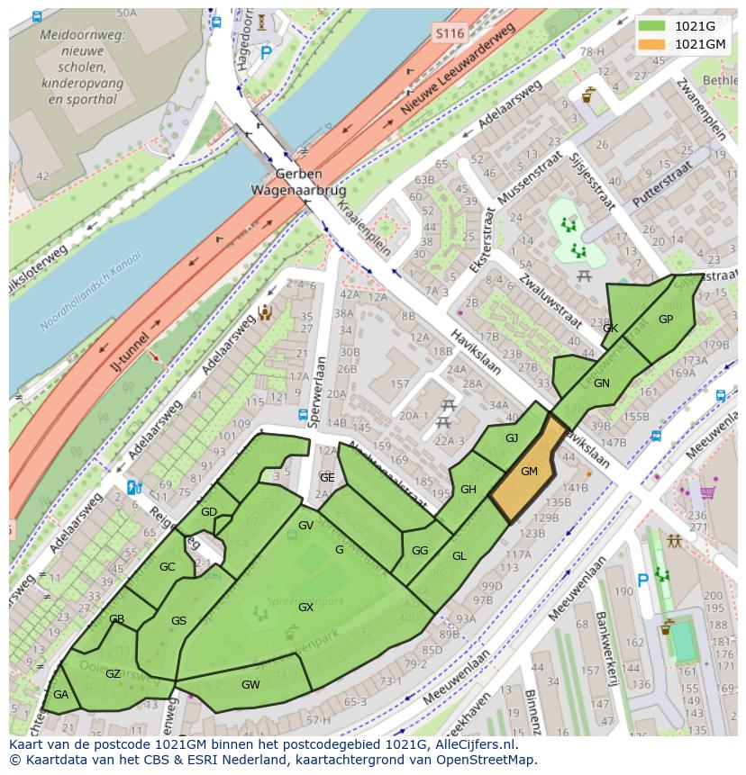 Afbeelding van het postcodegebied 1021 GM op de kaart.