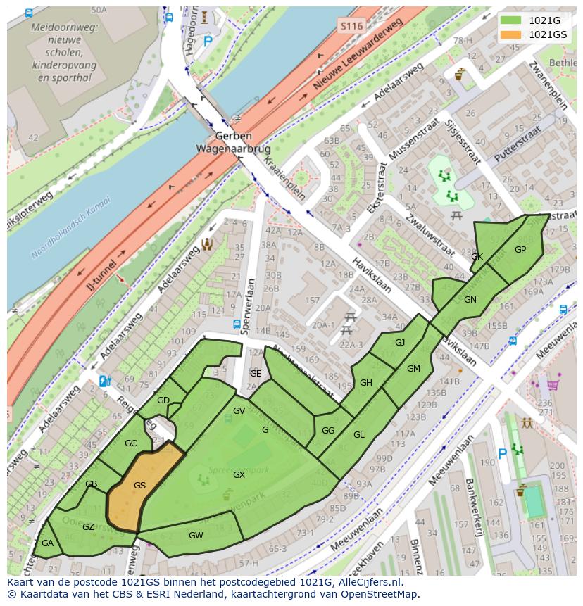 Afbeelding van het postcodegebied 1021 GS op de kaart.