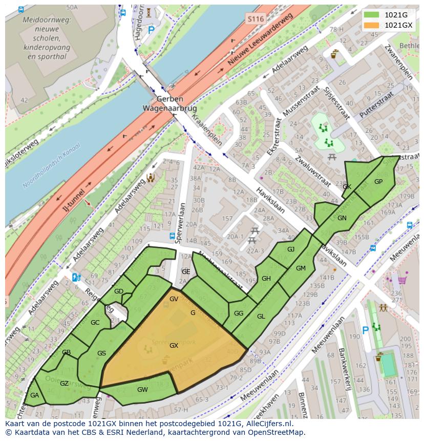 Afbeelding van het postcodegebied 1021 GX op de kaart.