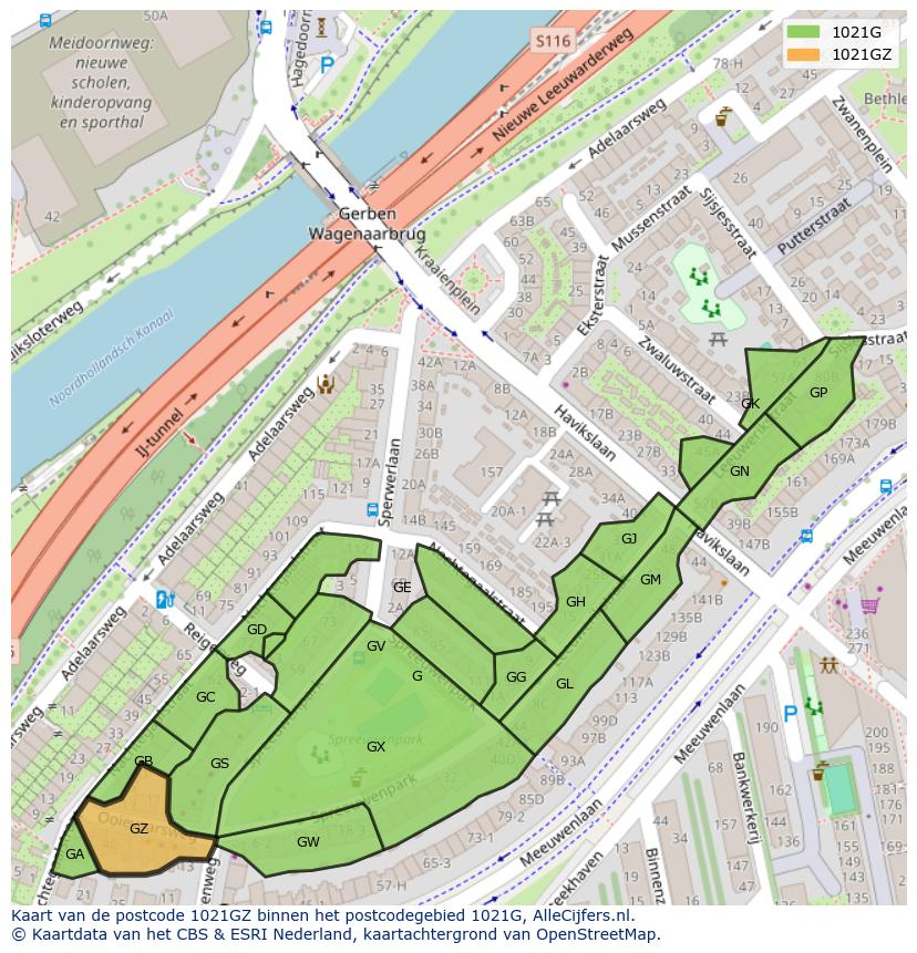 Afbeelding van het postcodegebied 1021 GZ op de kaart.