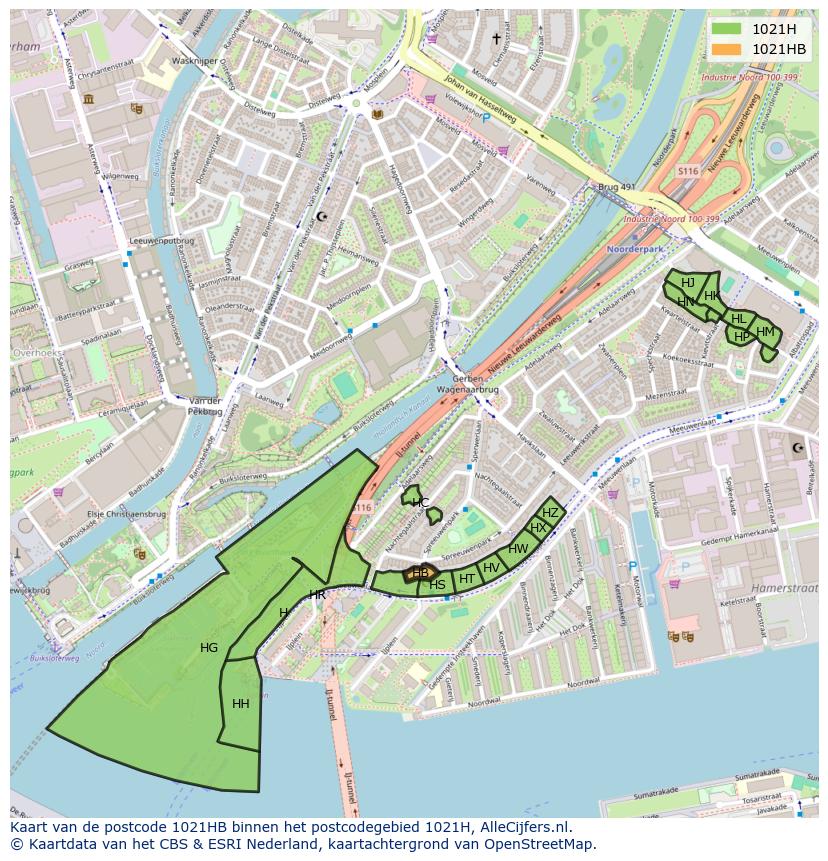 Afbeelding van het postcodegebied 1021 HB op de kaart.