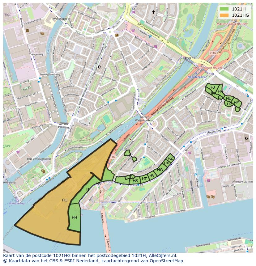 Afbeelding van het postcodegebied 1021 HG op de kaart.