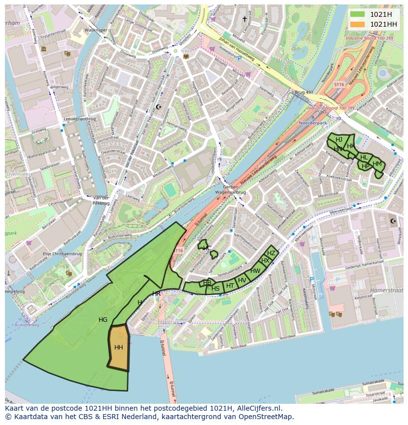 Afbeelding van het postcodegebied 1021 HH op de kaart.