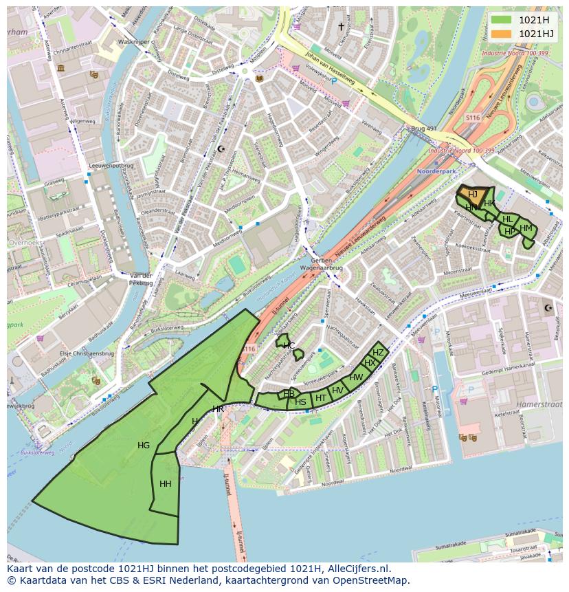 Afbeelding van het postcodegebied 1021 HJ op de kaart.