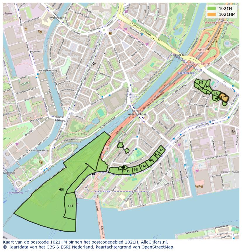 Afbeelding van het postcodegebied 1021 HM op de kaart.
