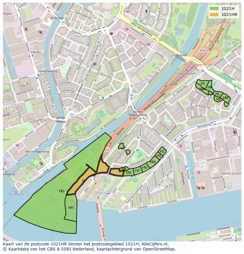 Afbeelding van het postcodegebied 1021 HR op de kaart.