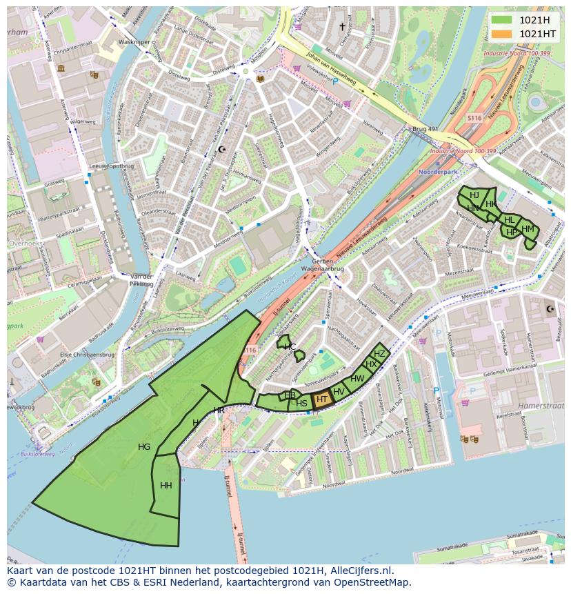 Afbeelding van het postcodegebied 1021 HT op de kaart.