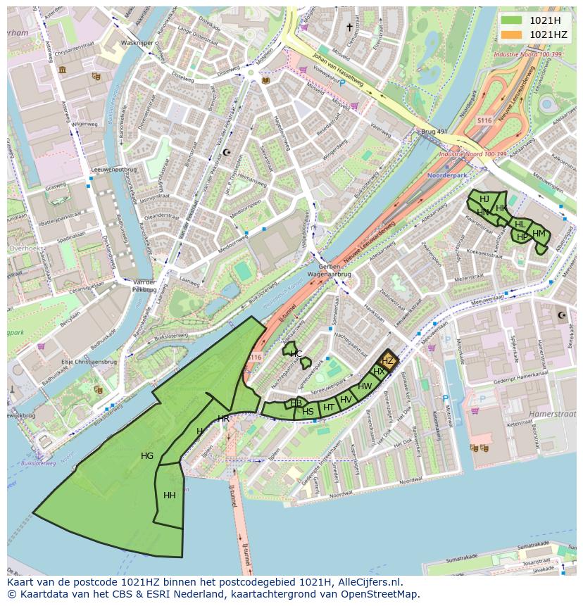 Afbeelding van het postcodegebied 1021 HZ op de kaart.