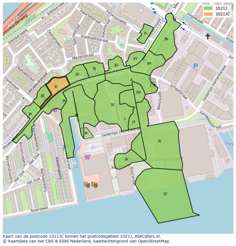 Afbeelding van het postcodegebied 1021 JC op de kaart.