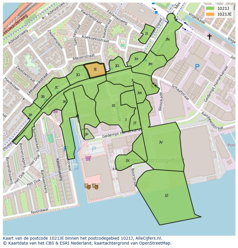 Afbeelding van het postcodegebied 1021 JE op de kaart.