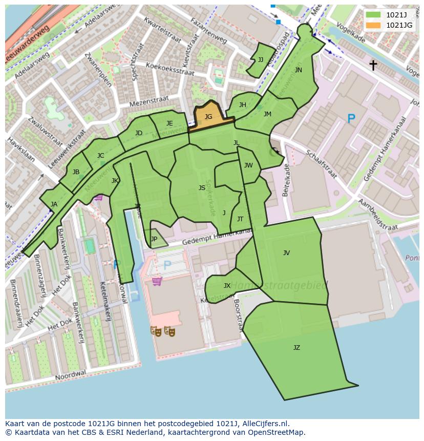 Afbeelding van het postcodegebied 1021 JG op de kaart.