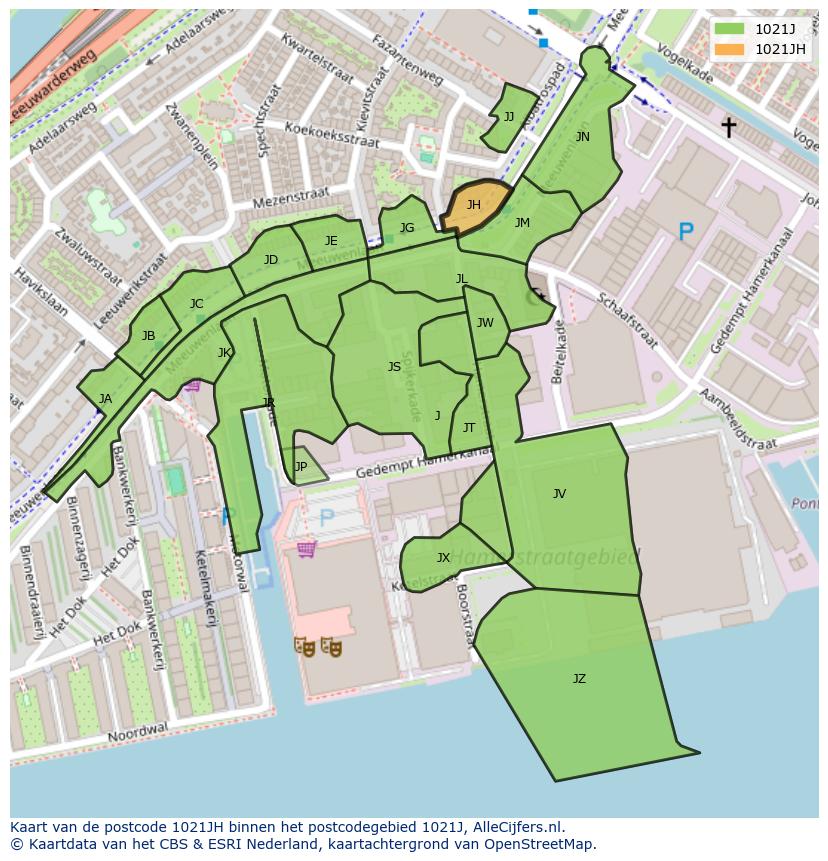 Afbeelding van het postcodegebied 1021 JH op de kaart.