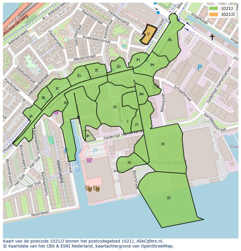 Afbeelding van het postcodegebied 1021 JJ op de kaart.