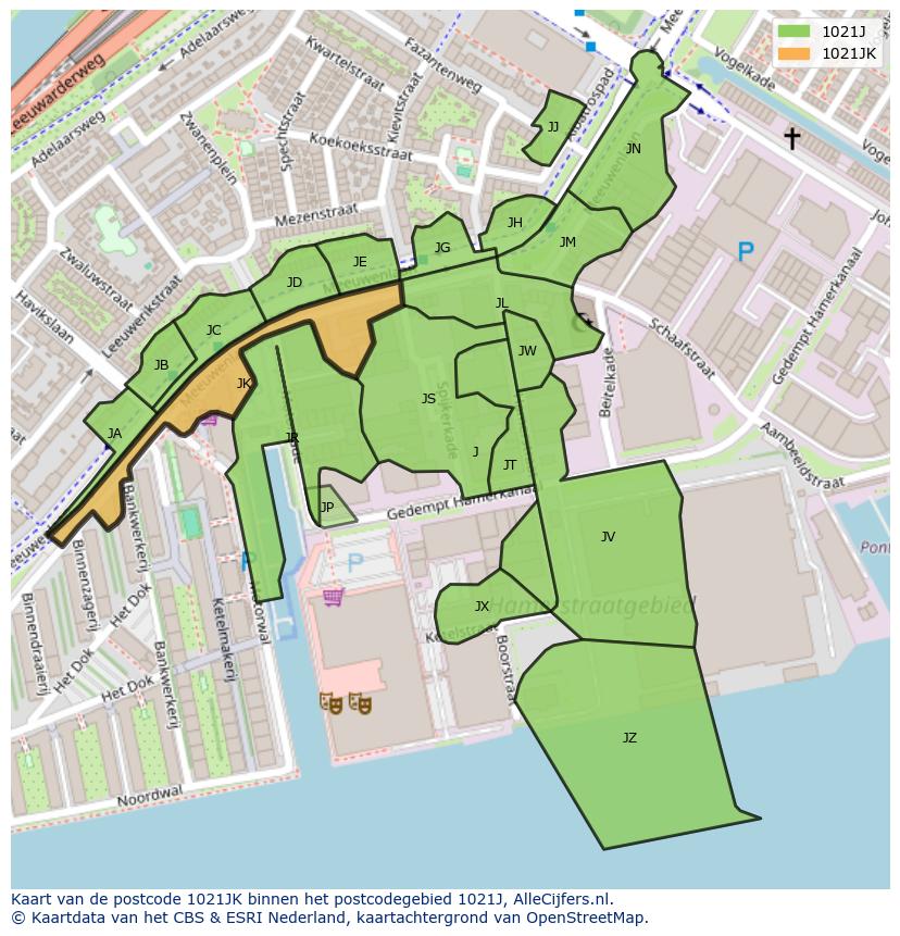 Afbeelding van het postcodegebied 1021 JK op de kaart.