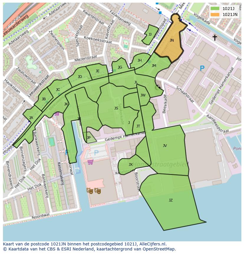 Afbeelding van het postcodegebied 1021 JN op de kaart.