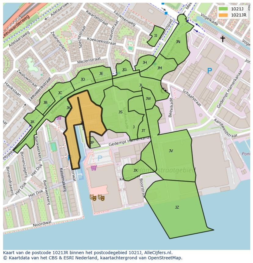 Afbeelding van het postcodegebied 1021 JR op de kaart.