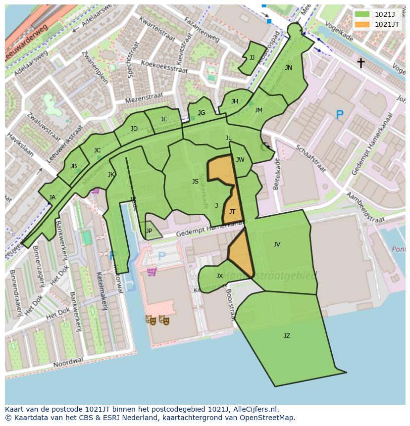 Afbeelding van het postcodegebied 1021 JT op de kaart.