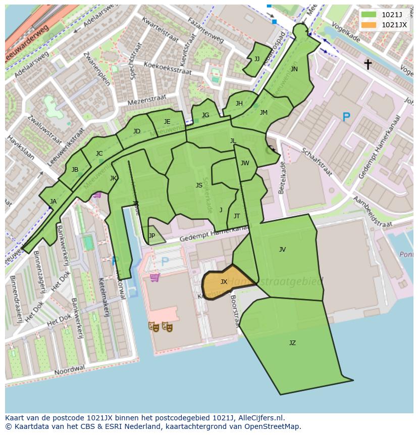 Afbeelding van het postcodegebied 1021 JX op de kaart.