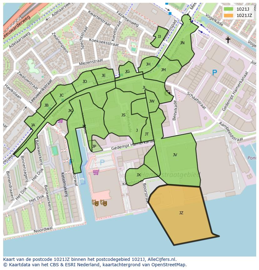 Afbeelding van het postcodegebied 1021 JZ op de kaart.