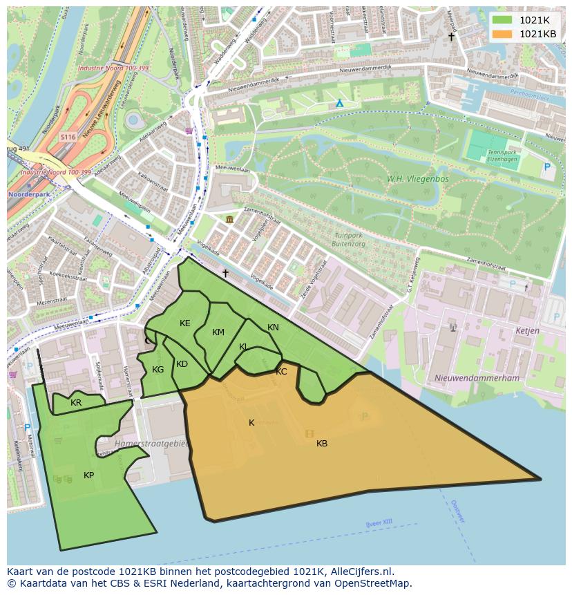 Afbeelding van het postcodegebied 1021 KB op de kaart.