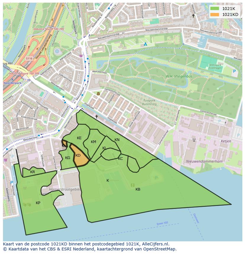 Afbeelding van het postcodegebied 1021 KD op de kaart.