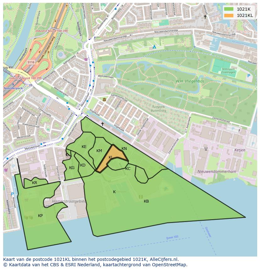 Afbeelding van het postcodegebied 1021 KL op de kaart.