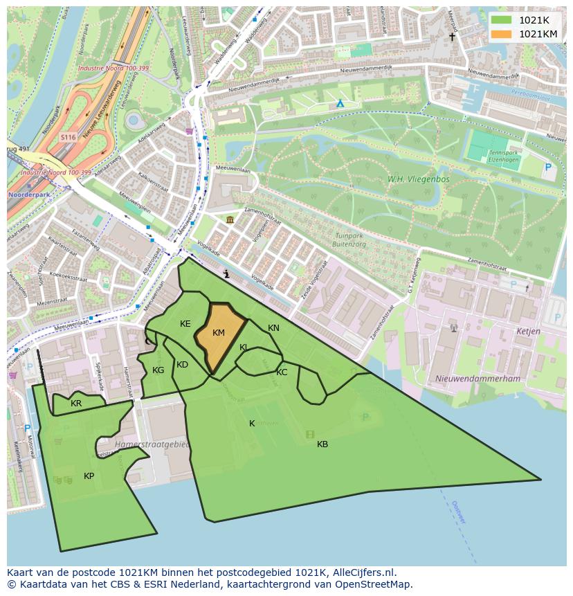 Afbeelding van het postcodegebied 1021 KM op de kaart.