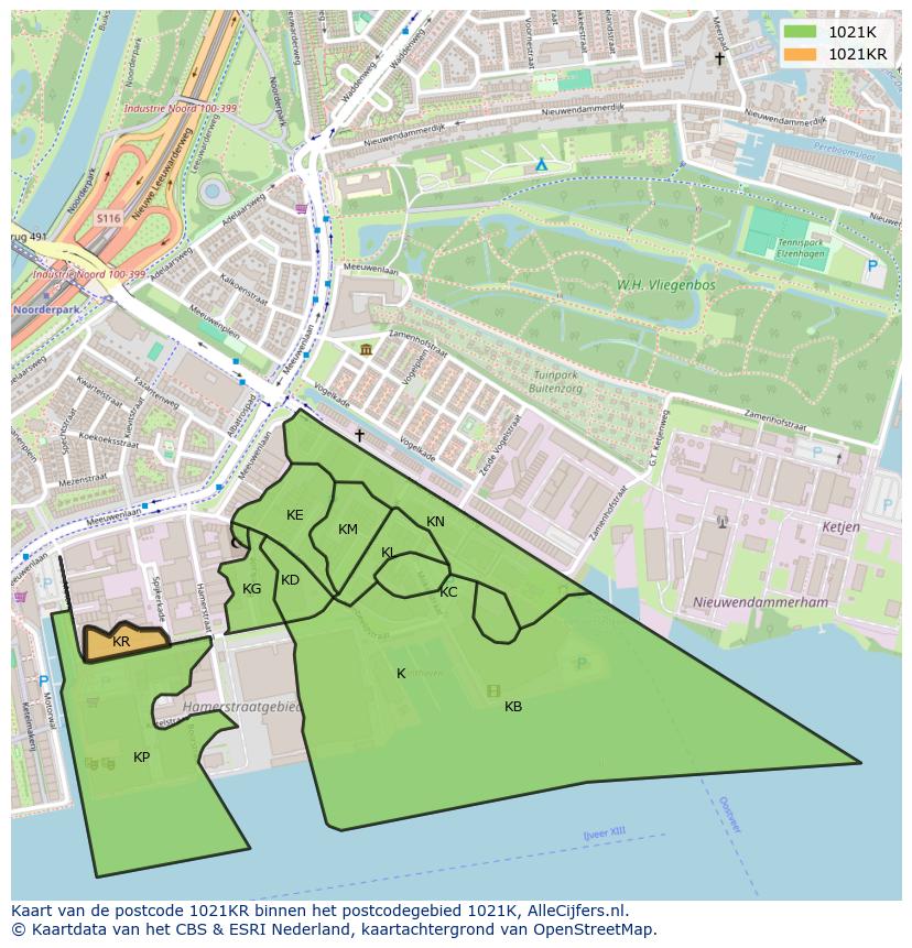 Afbeelding van het postcodegebied 1021 KR op de kaart.