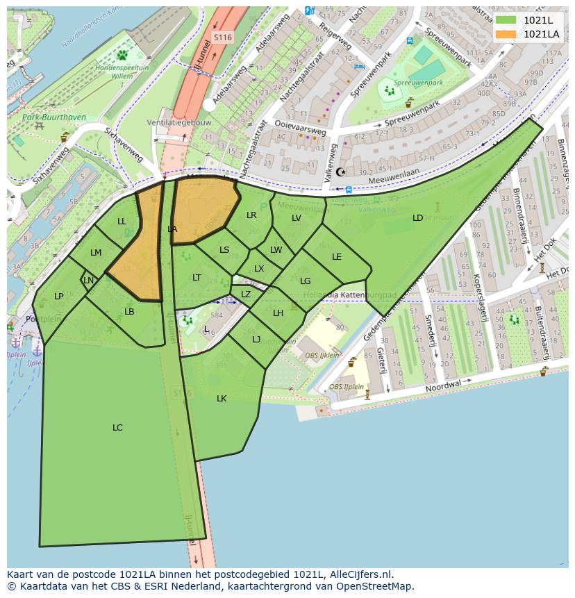 Afbeelding van het postcodegebied 1021 LA op de kaart.