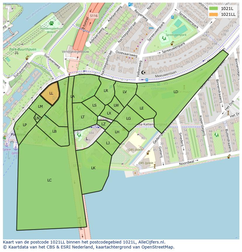 Afbeelding van het postcodegebied 1021 LL op de kaart.