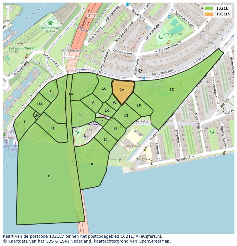 Afbeelding van het postcodegebied 1021 LV op de kaart.