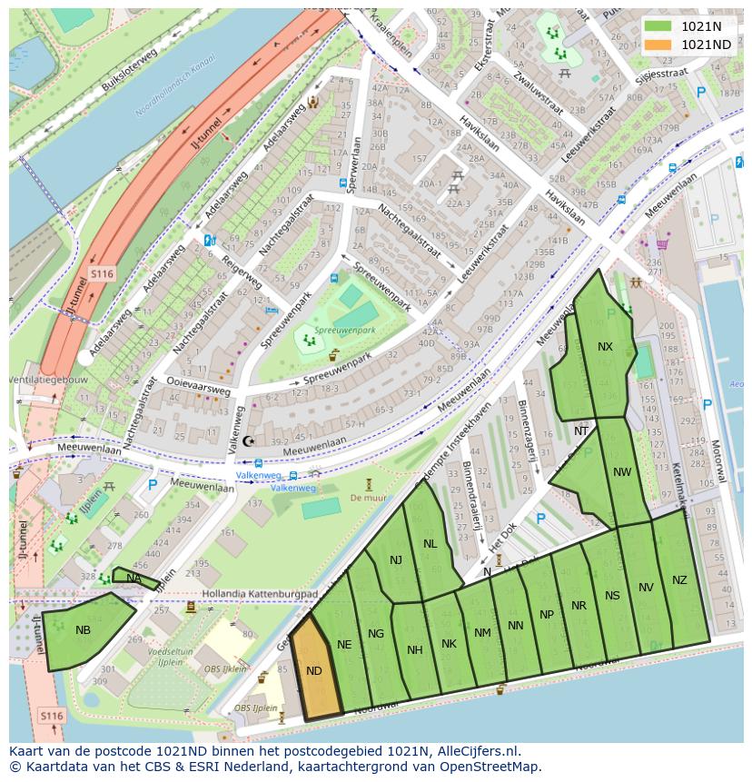 Afbeelding van het postcodegebied 1021 ND op de kaart.
