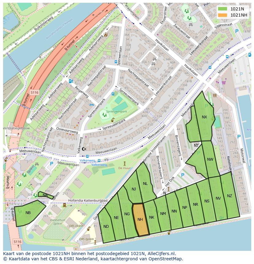 Afbeelding van het postcodegebied 1021 NH op de kaart.