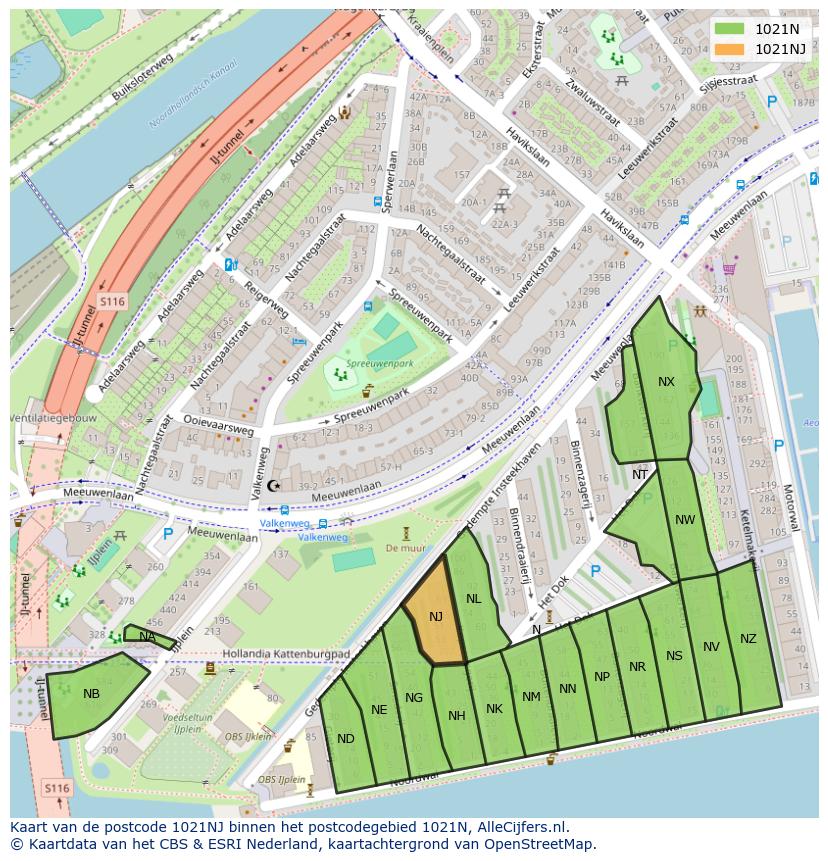 Afbeelding van het postcodegebied 1021 NJ op de kaart.