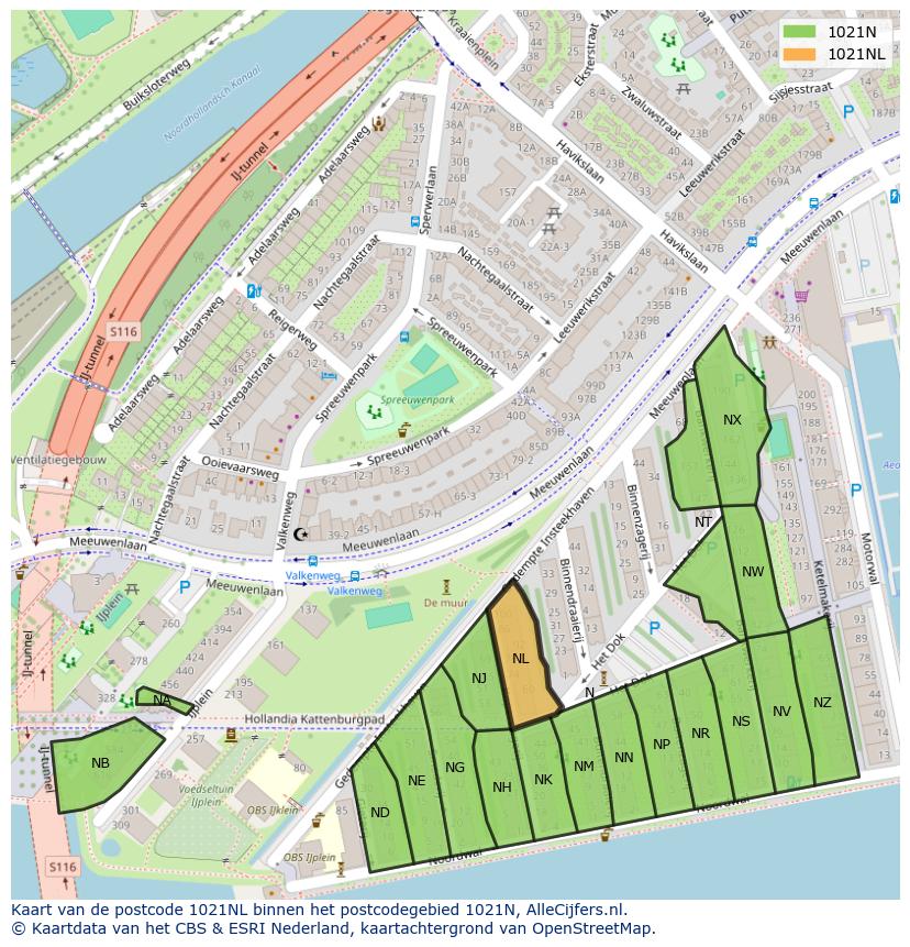 Afbeelding van het postcodegebied 1021 NL op de kaart.
