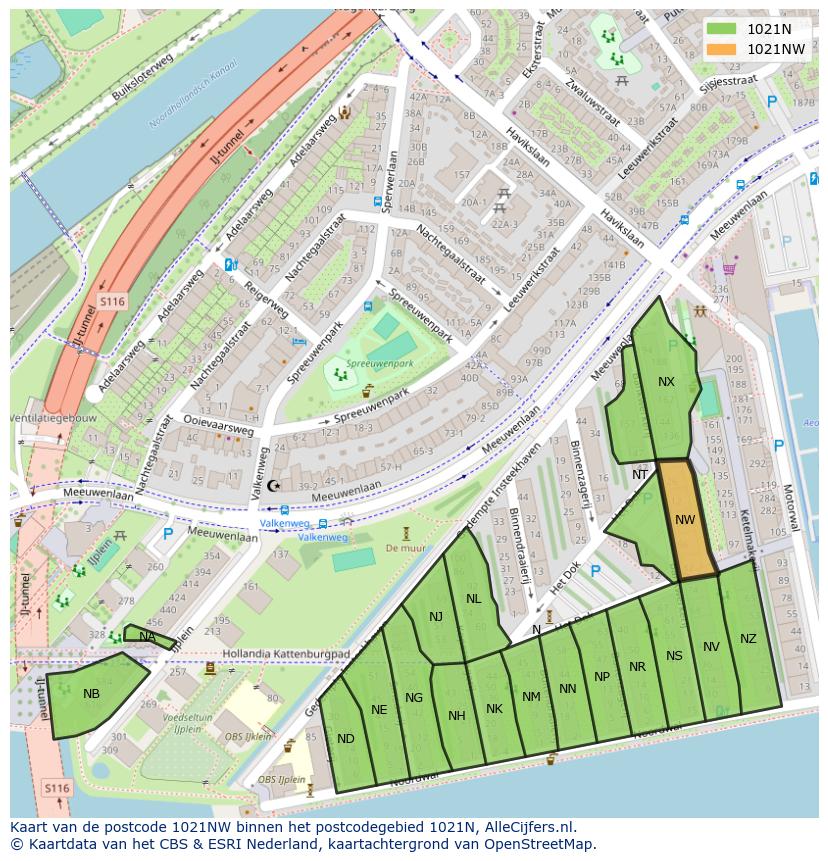 Afbeelding van het postcodegebied 1021 NW op de kaart.
