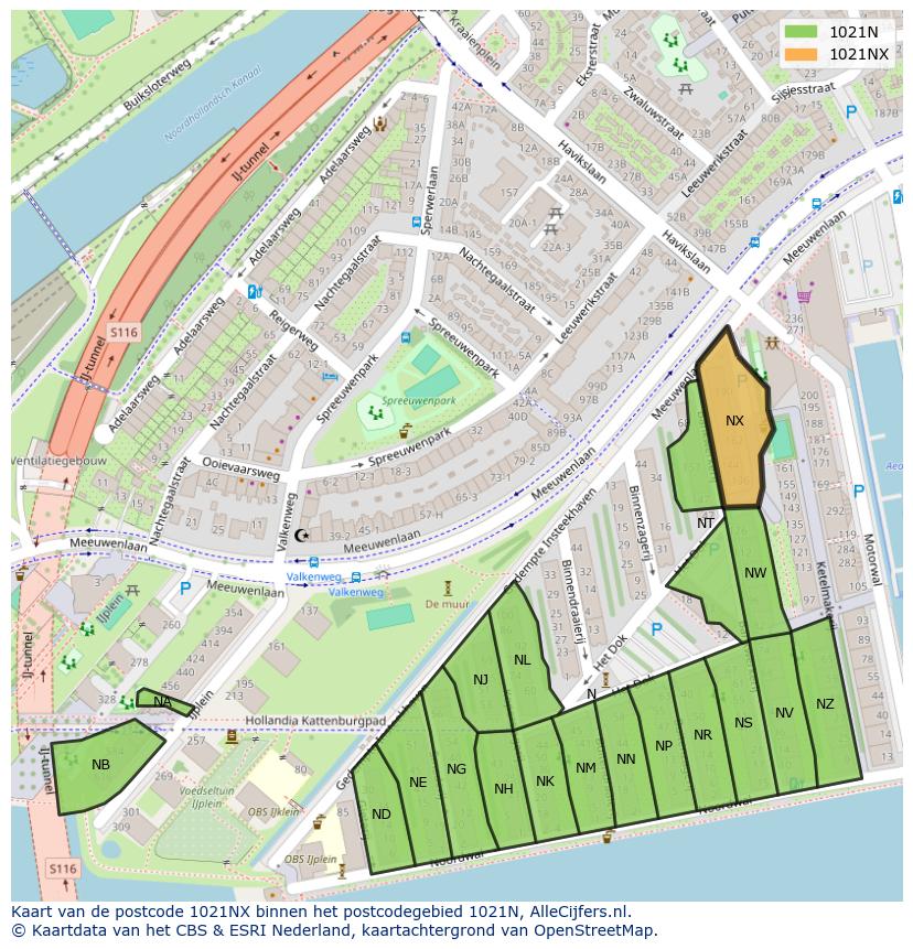 Afbeelding van het postcodegebied 1021 NX op de kaart.